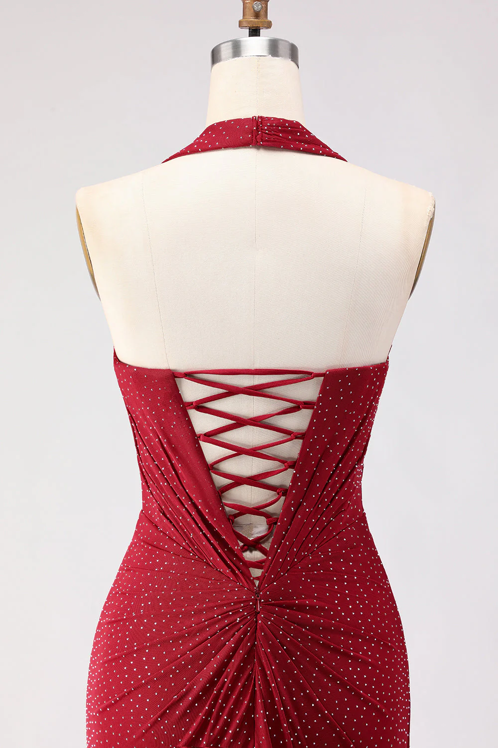 Dark Red Halter Beaded Mermaid Lace Up Back Long Prom Dress with Slit - Image 5