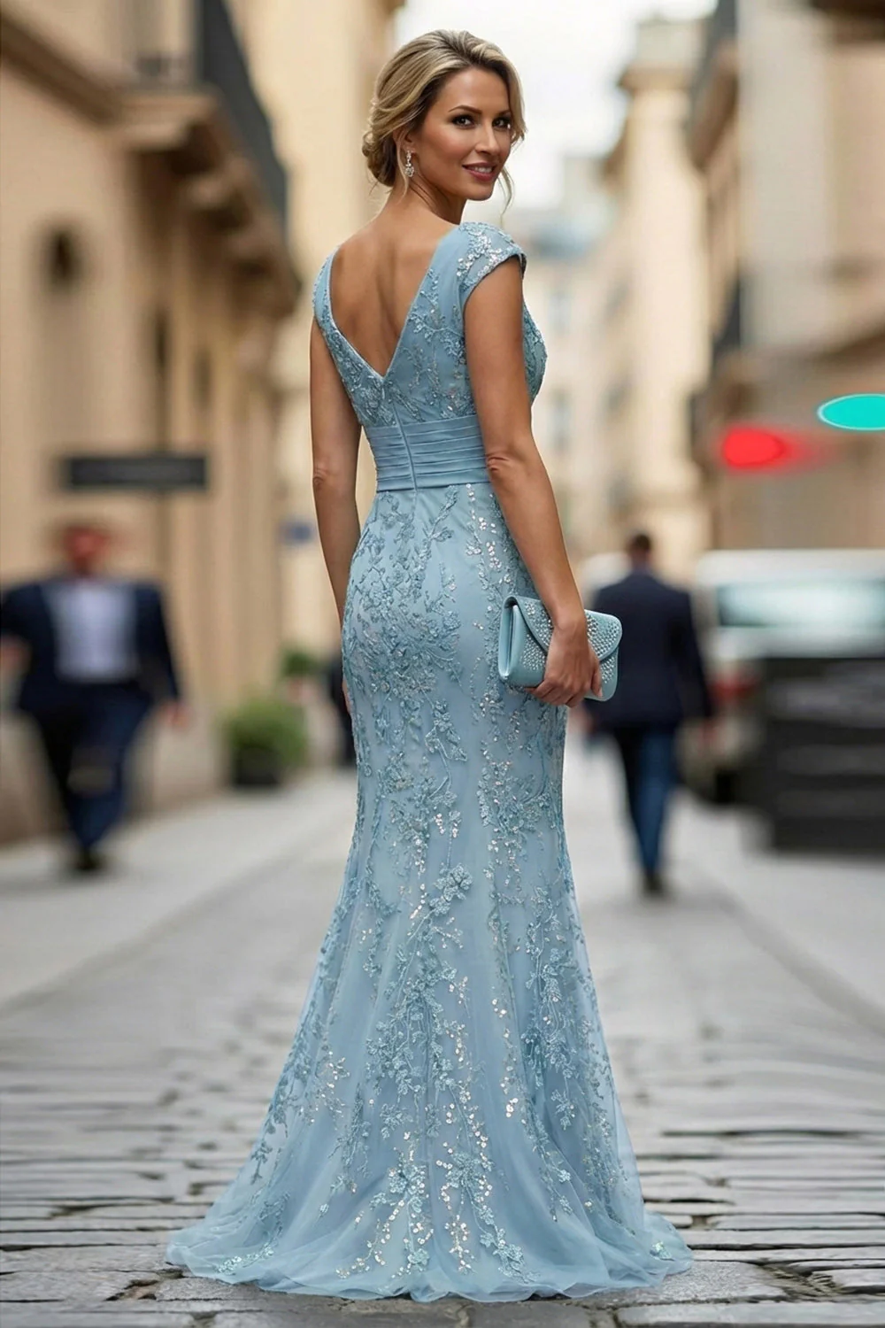 Dark Red Mermaid V-Neck Embroidered Mother Of The Bride Dress with Sequins - Image 12