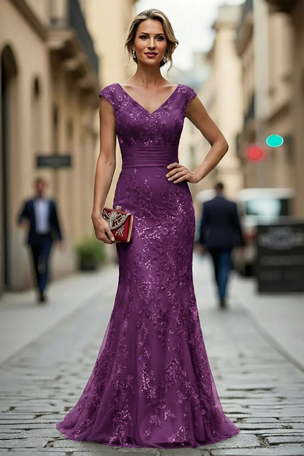 Dark Red Mermaid V-Neck Embroidered Mother Of The Bride Dress with Sequins - Image 19