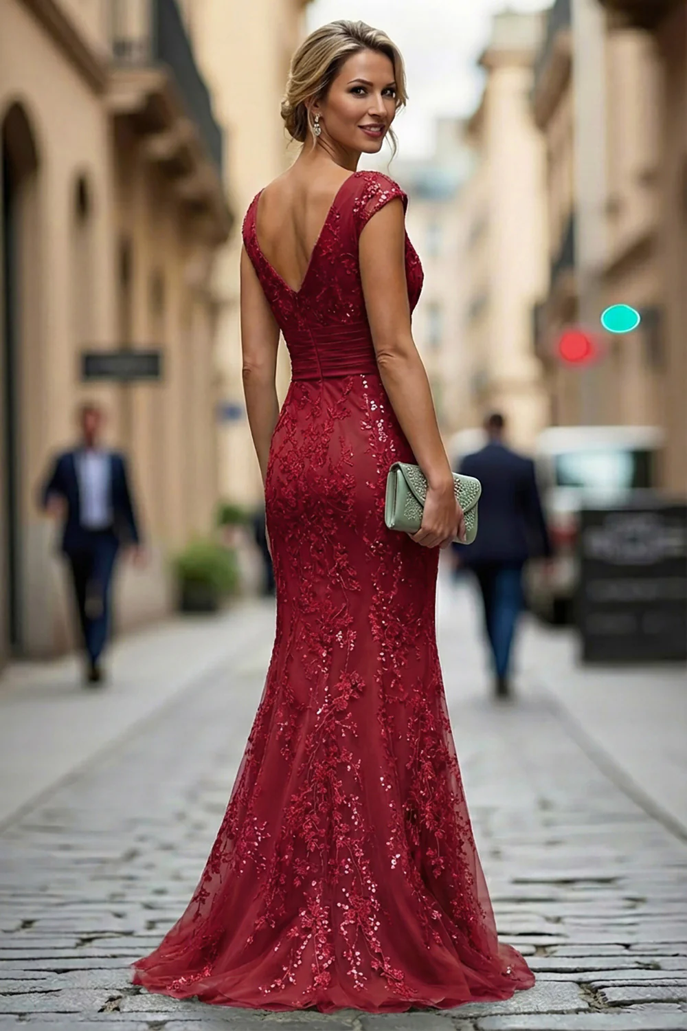 Dark Red Mermaid V-Neck Embroidered Mother Of The Bride Dress with Sequins - Image 2