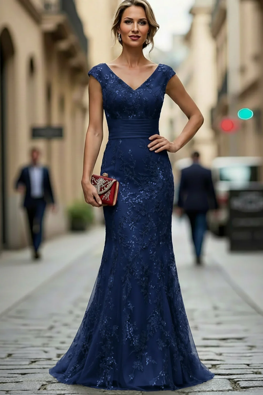 Dark Red Mermaid V-Neck Embroidered Mother Of The Bride Dress with Sequins - Image 20