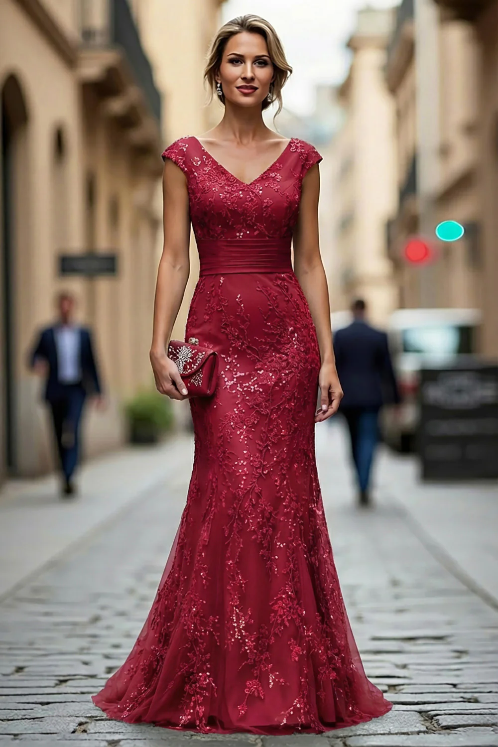 Dark Red Mermaid V-Neck Embroidered Mother Of The Bride Dress with Sequins - Image 3
