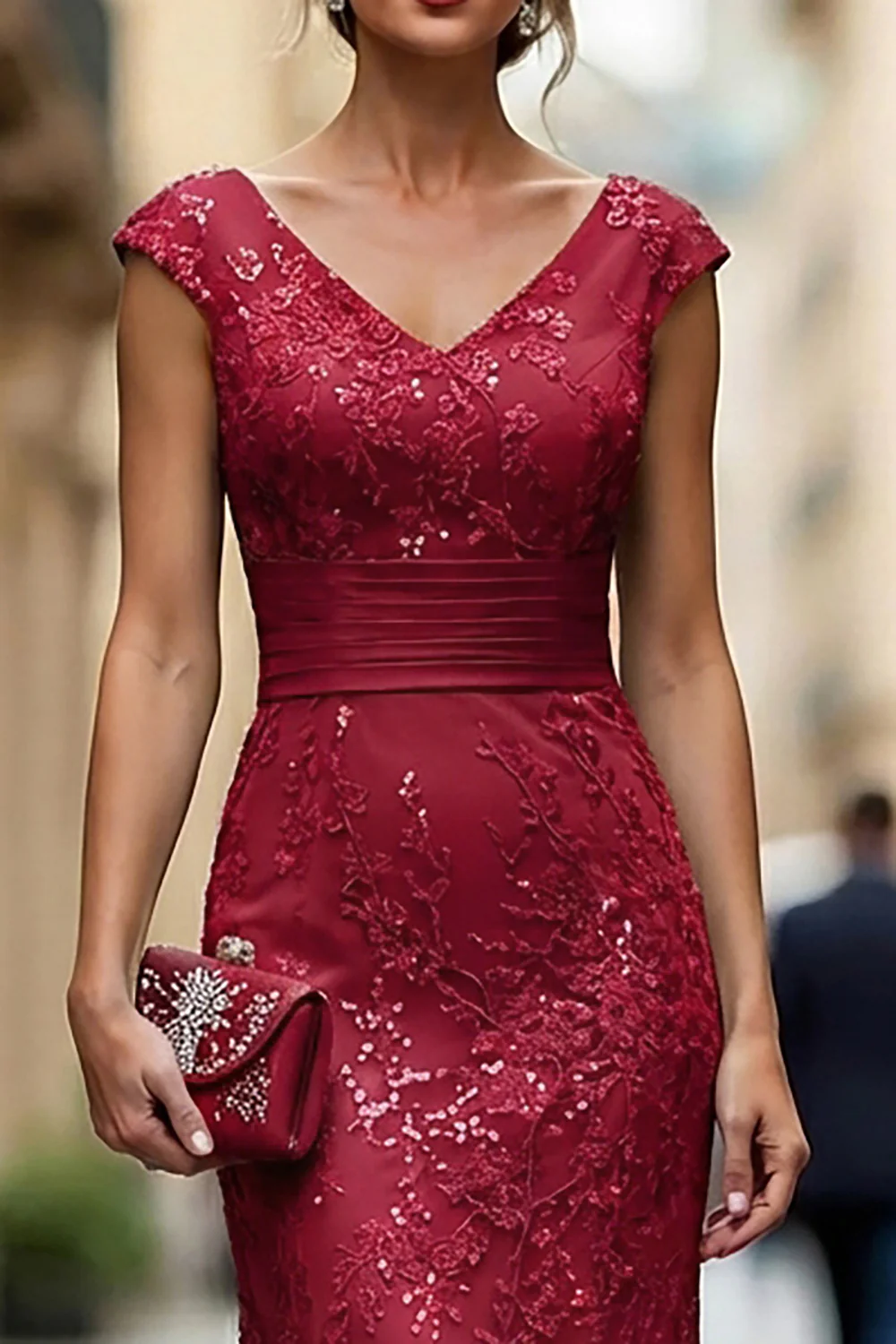 Dark Red Mermaid V-Neck Embroidered Mother Of The Bride Dress with Sequins - Image 6