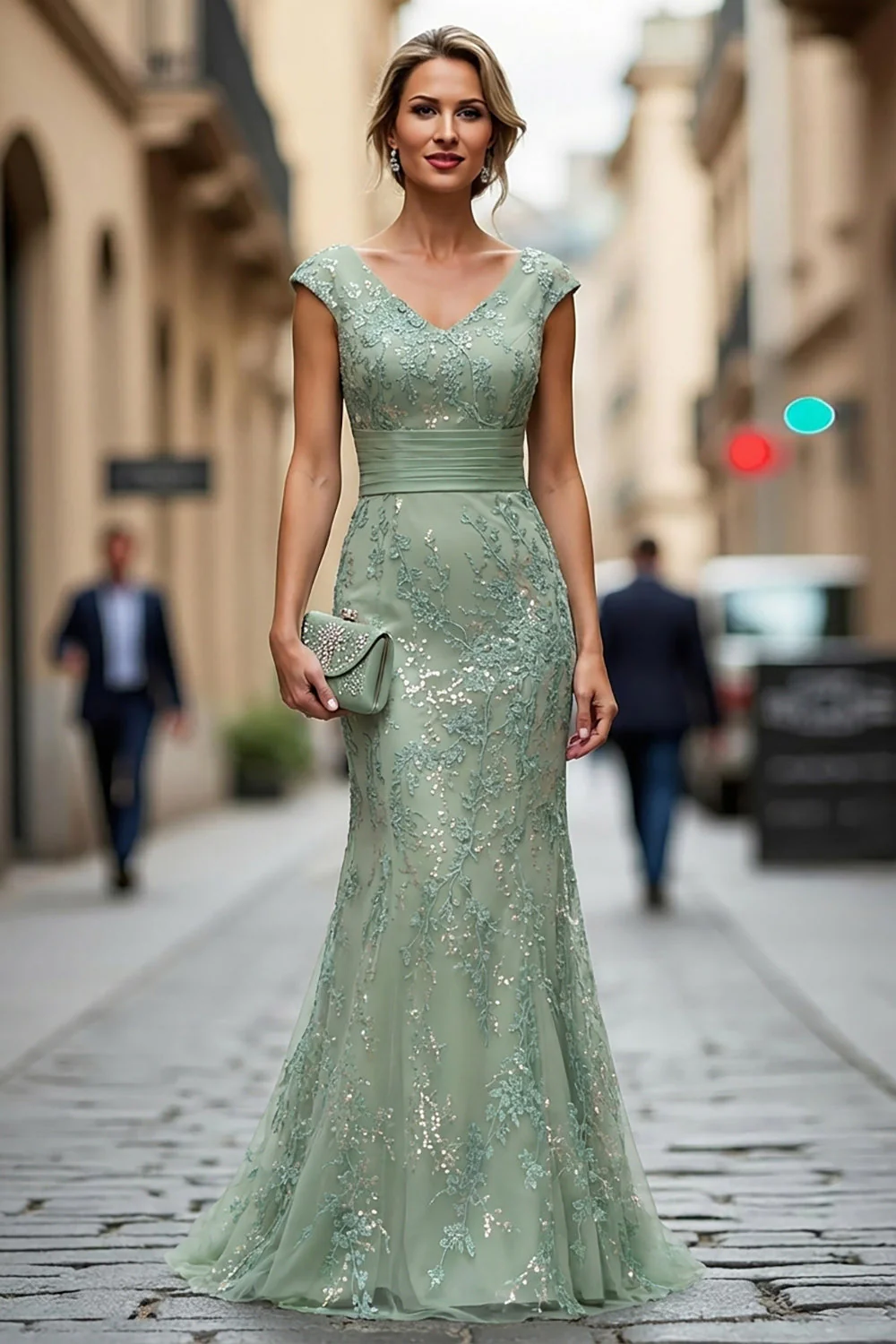 Dark Red Mermaid V-Neck Embroidered Mother Of The Bride Dress with Sequins - Image 7