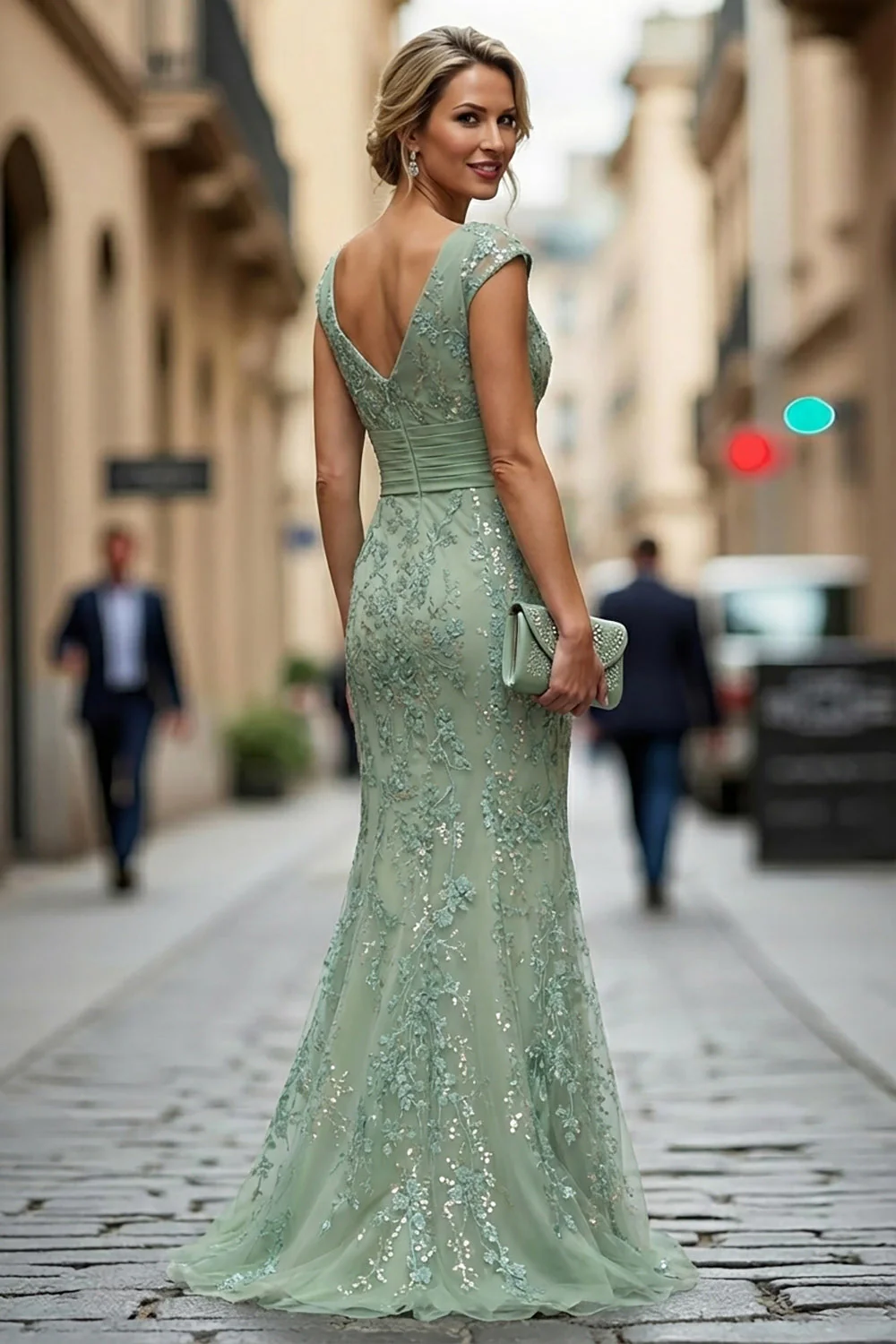 Dark Red Mermaid V-Neck Embroidered Mother Of The Bride Dress with Sequins - Image 8