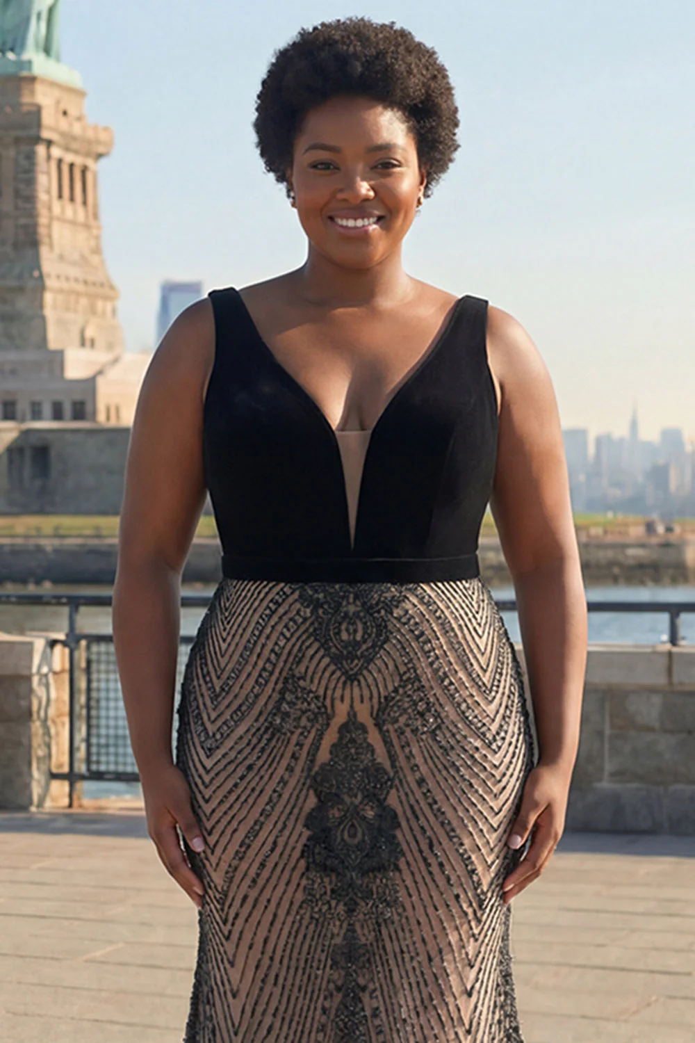 Black Deep V Neck Mermaid Long Plus Size Prom Dress with Open Back - Image 3