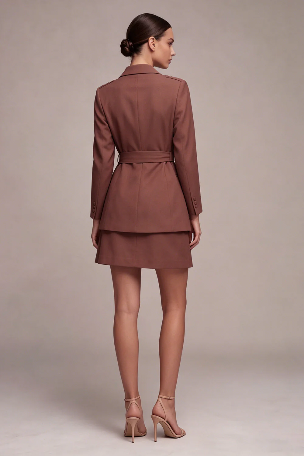 Desert Rose Notched Lapel 2 Piece Short Work Dress with Belt - Image 2