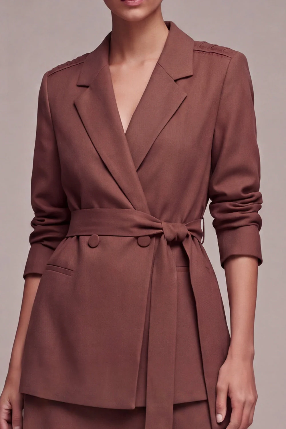 Desert Rose Notched Lapel 2 Piece Short Work Dress with Belt - Image 3