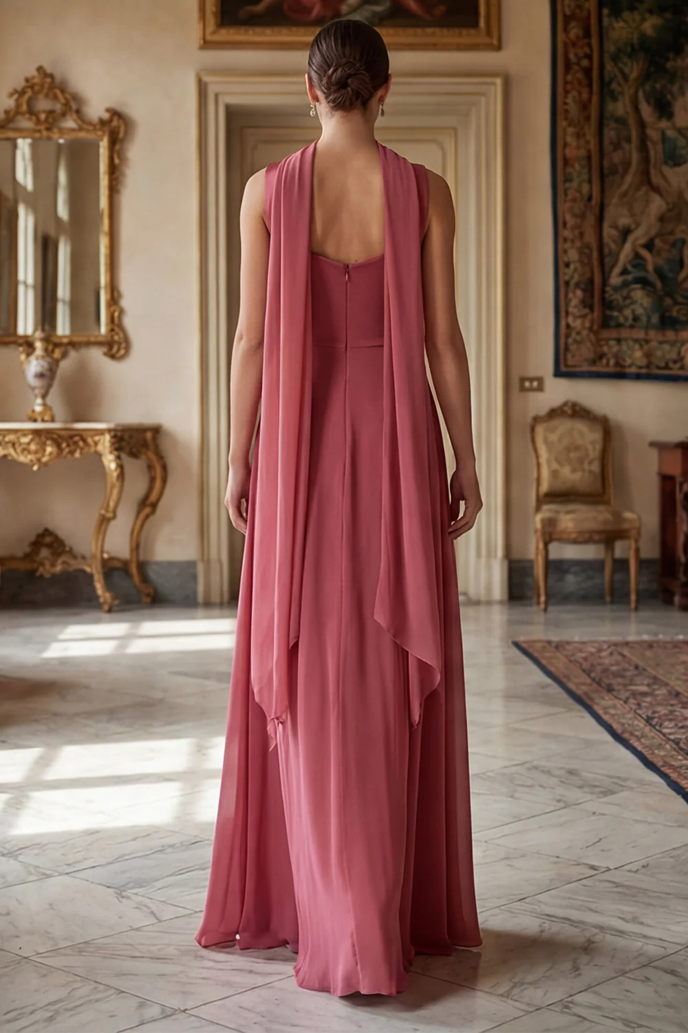 Desert Rose A Line Square Neck Long Bridesmaid Dress with a Neck Scarf - Image 2