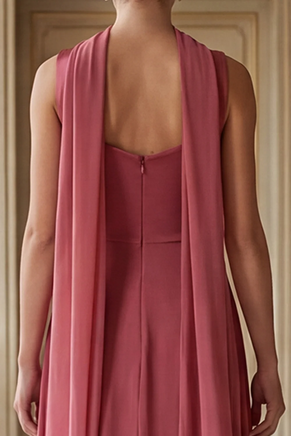Desert Rose A Line Square Neck Long Bridesmaid Dress with a Neck Scarf - Image 5