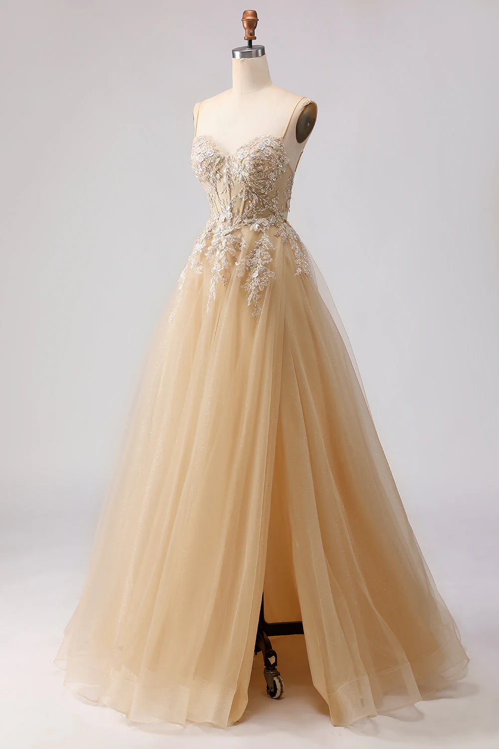 Sage Green A-Line Embroidered Corset Long Tulle Prom Dress with Slit - Image 10