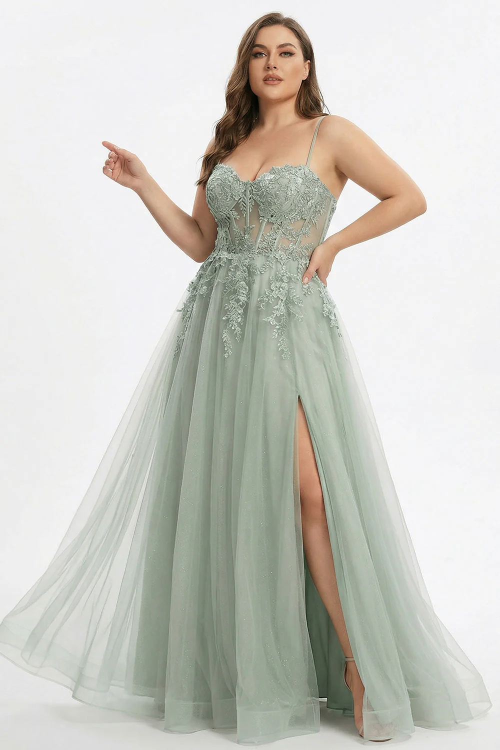 Sage Green A-Line Embroidered Corset Long Tulle Prom Dress with Slit - Image 2
