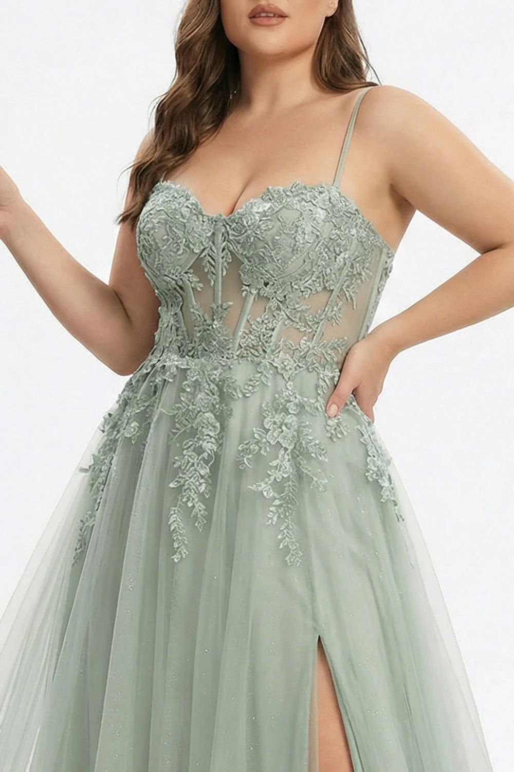 Sage Green A-Line Embroidered Corset Long Tulle Prom Dress with Slit - Image 3