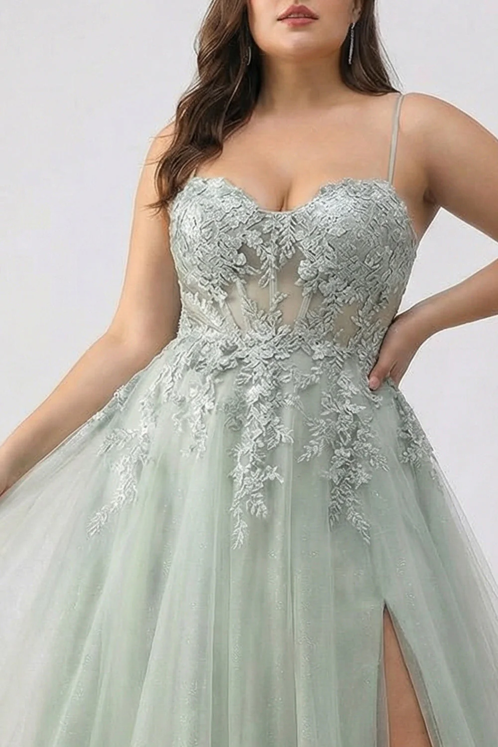 Sage Green A-Line Embroidered Corset Long Tulle Prom Dress with Slit - Image 4