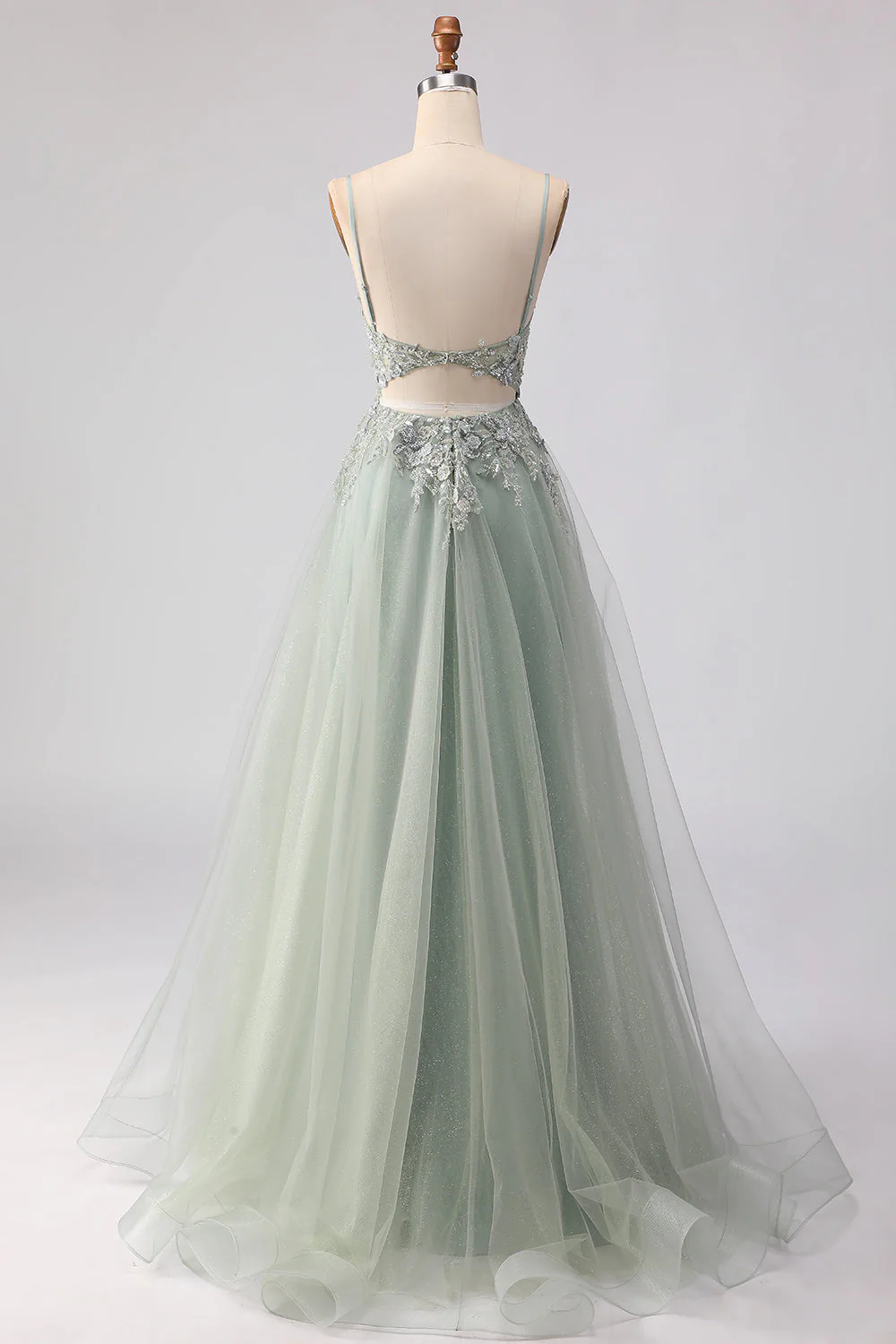 Sage Green A-Line Embroidered Corset Long Tulle Prom Dress with Slit - Image 6