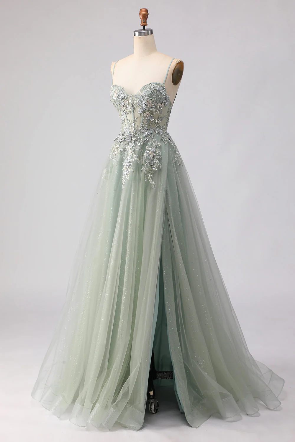 Sage Green A-Line Embroidered Corset Long Tulle Prom Dress with Slit - Image 7