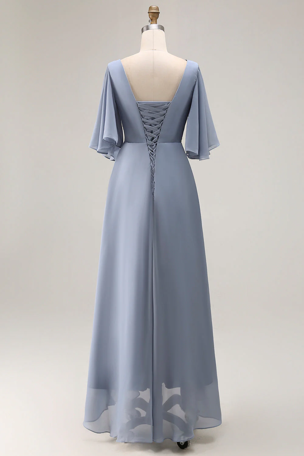 Dusty Blue A Line Asymmetrical Neck Mother Of The Bride Dress With Sleeves - Image 2
