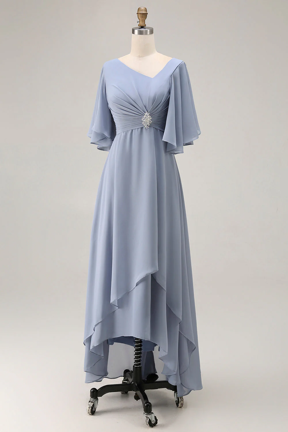 Dusty Blue A Line Asymmetrical Neck Mother Of The Bride Dress With Sleeves - Image 3