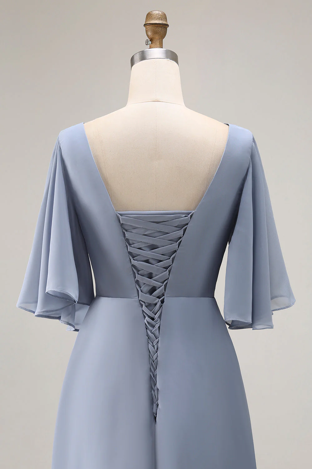 Dusty Blue A Line Asymmetrical Neck Mother Of The Bride Dress With Sleeves - Image 5