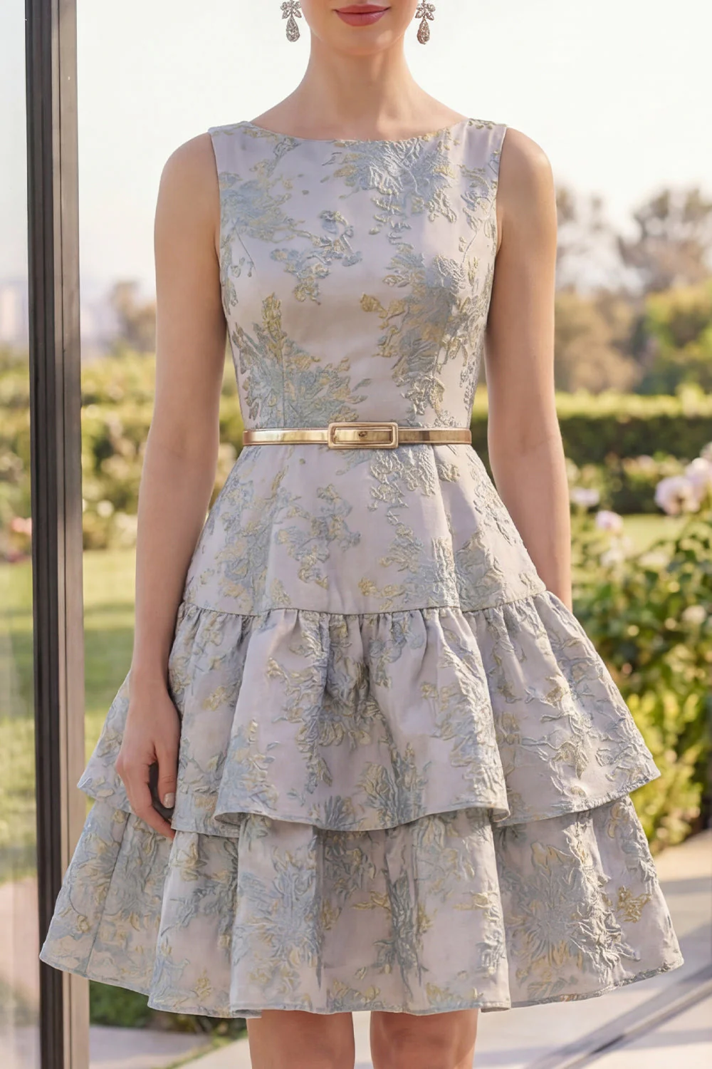 Dusty Blue A Line Ruffled Jacquard Midi Floral Dress with Belt - Image 3