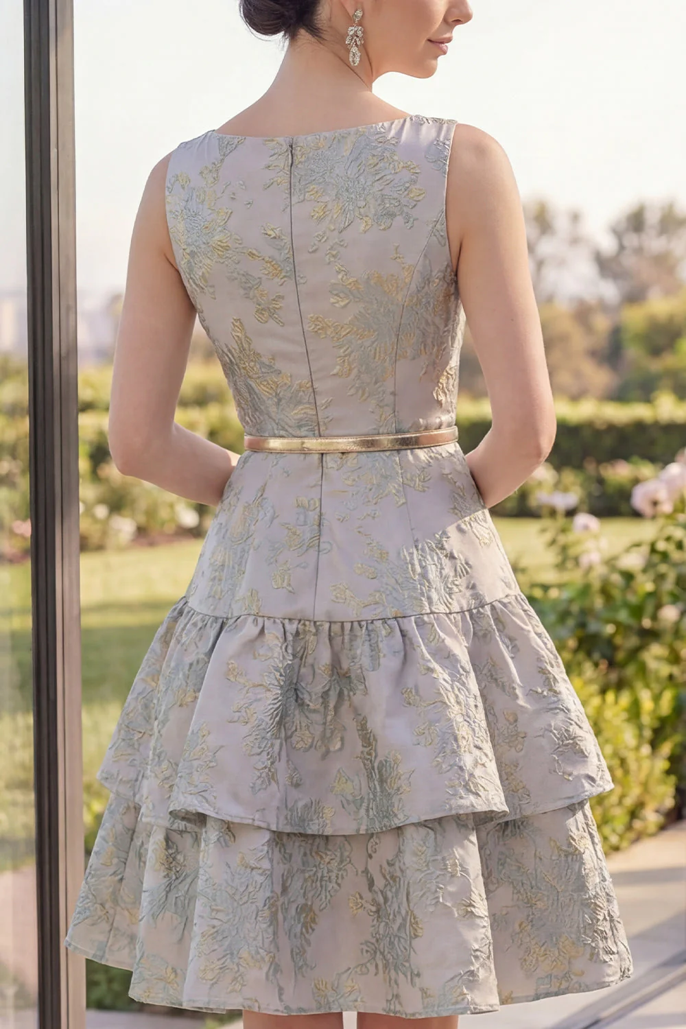 Dusty Blue A Line Ruffled Jacquard Midi Floral Dress with Belt - Image 4