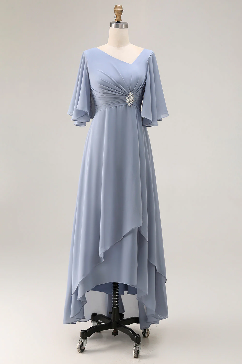 Dusty Blue A Line Half Sleeves Ruched Choir Dress with Lace Up Back - Image 2