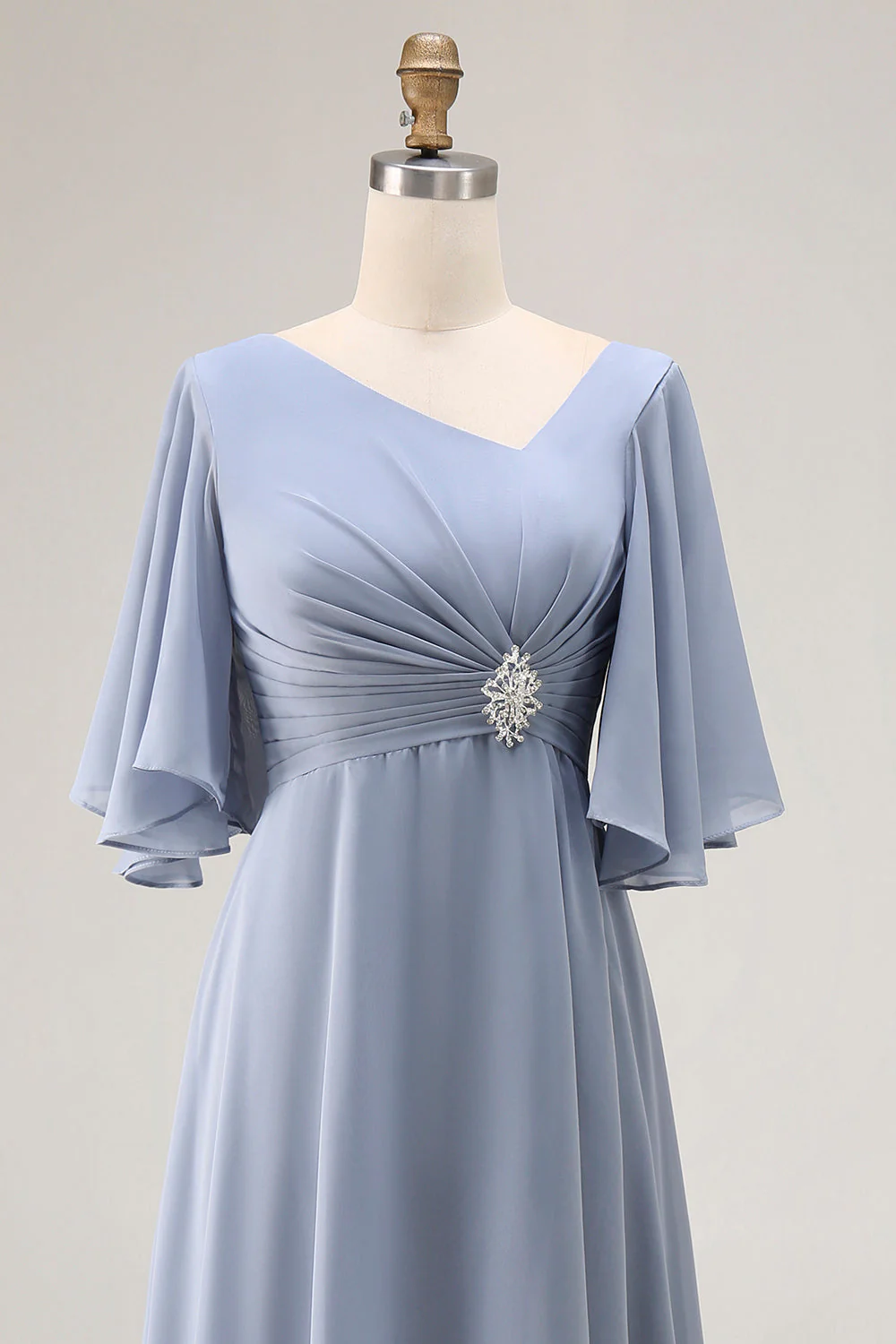 Dusty Blue A Line Half Sleeves Ruched Choir Dress with Lace Up Back - Image 5