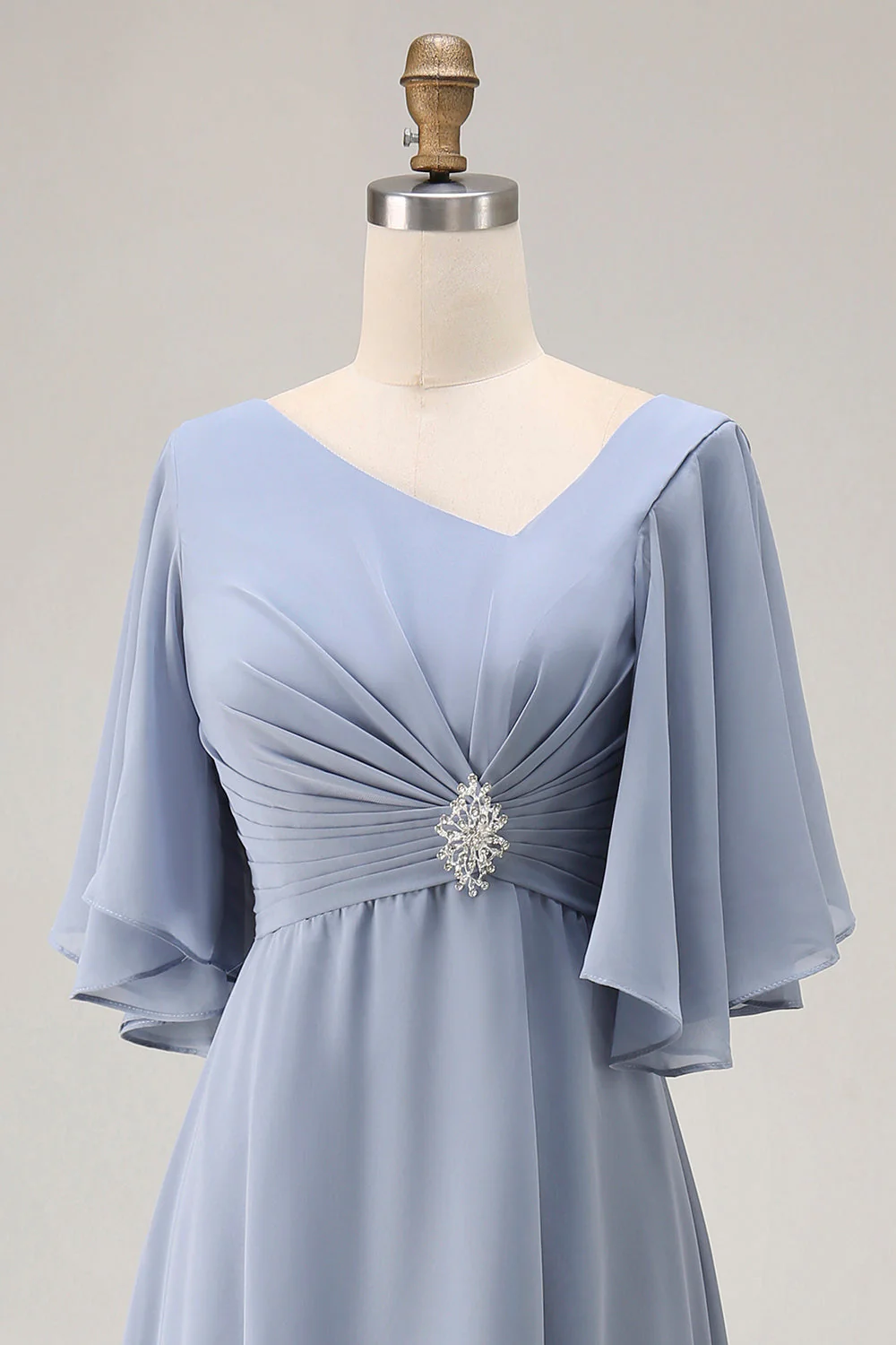 Dusty Blue A Line Half Sleeves Ruched Choir Dress with Lace Up Back - Image 7