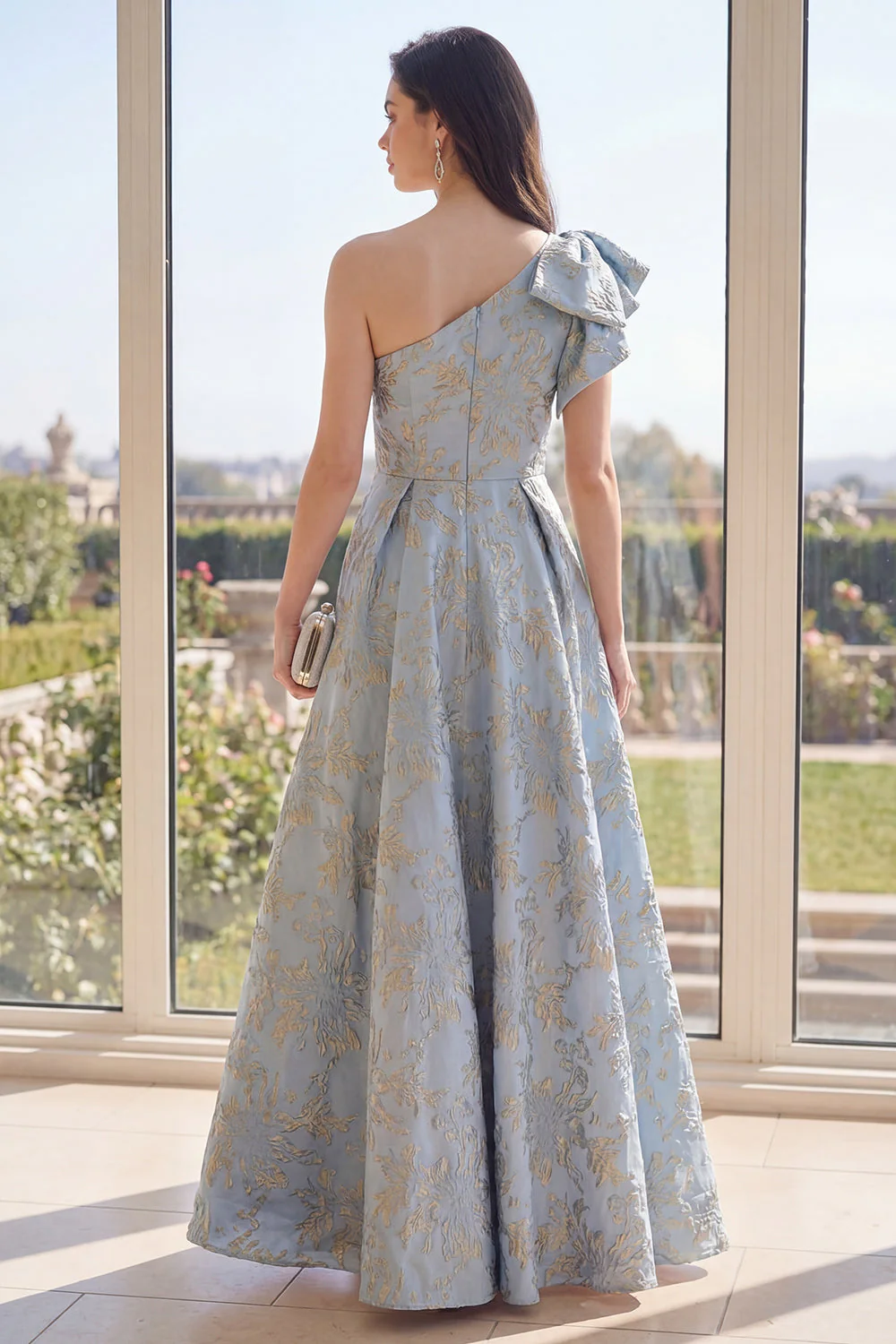 Dusty Blue A Line One Shoulder Jacquard Floral Dress with Bow - Image 2