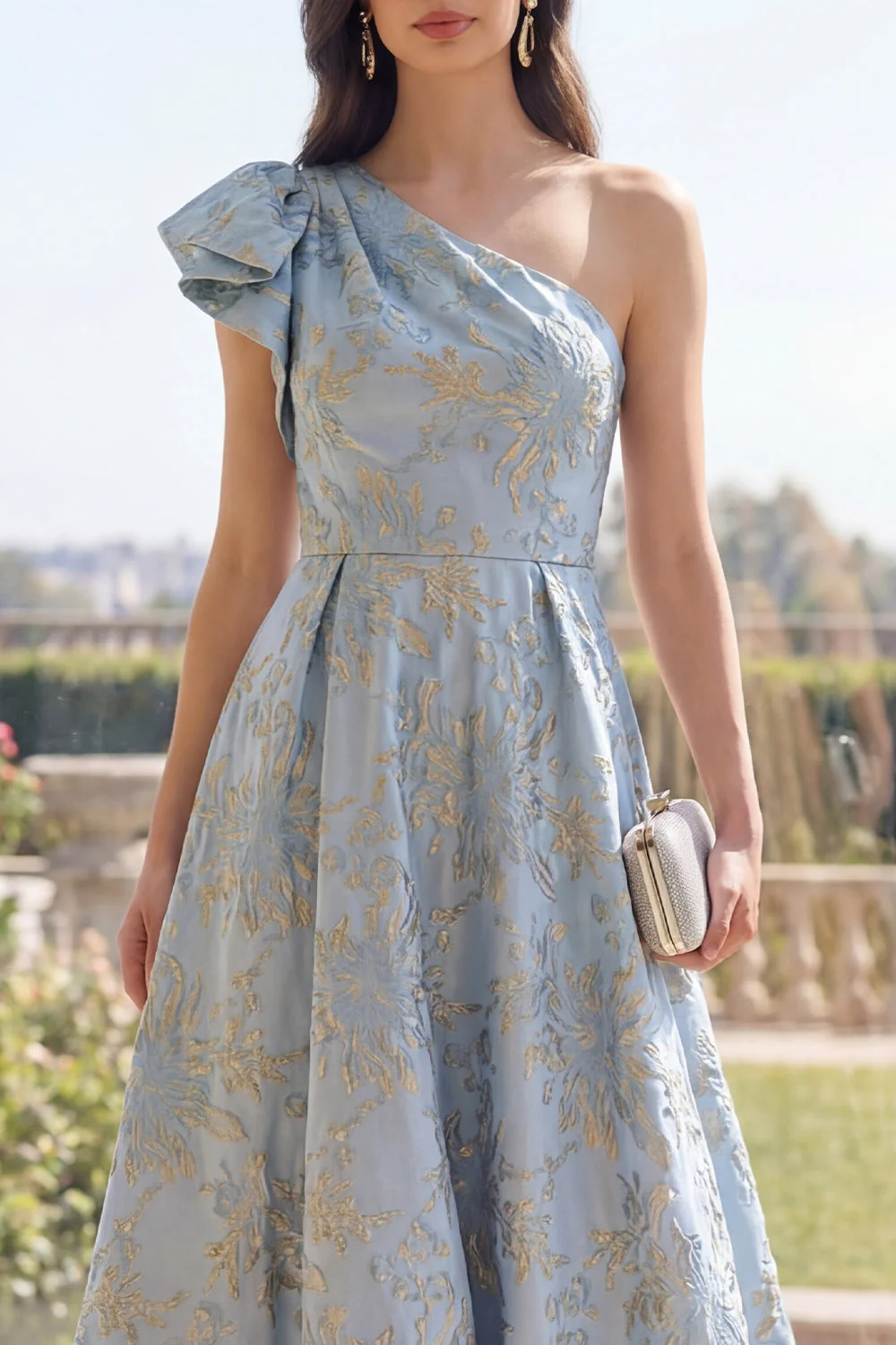 Dusty Blue A Line One Shoulder Jacquard Floral Dress with Bow - Image 3