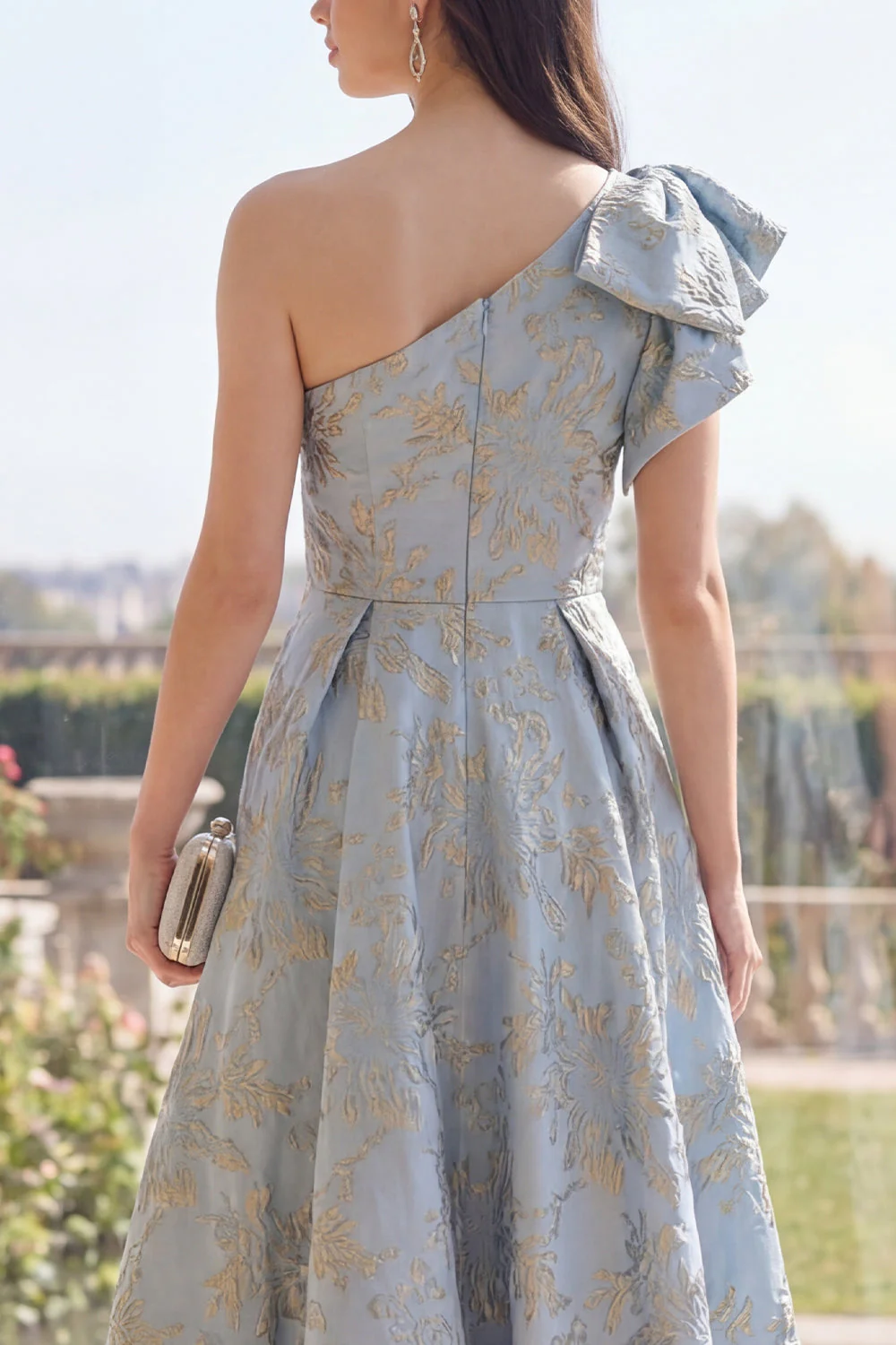 Dusty Blue A Line One Shoulder Jacquard Floral Dress with Bow - Image 4