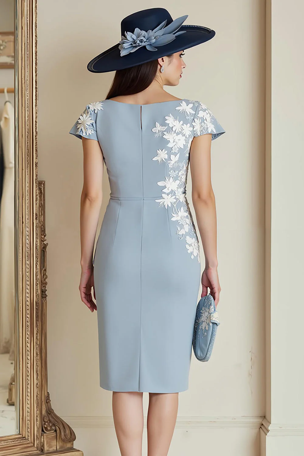 Dusty Blue Appliqued Sheath Midi Mother Of The Bride Dress with Cap Sleeves - Image 2