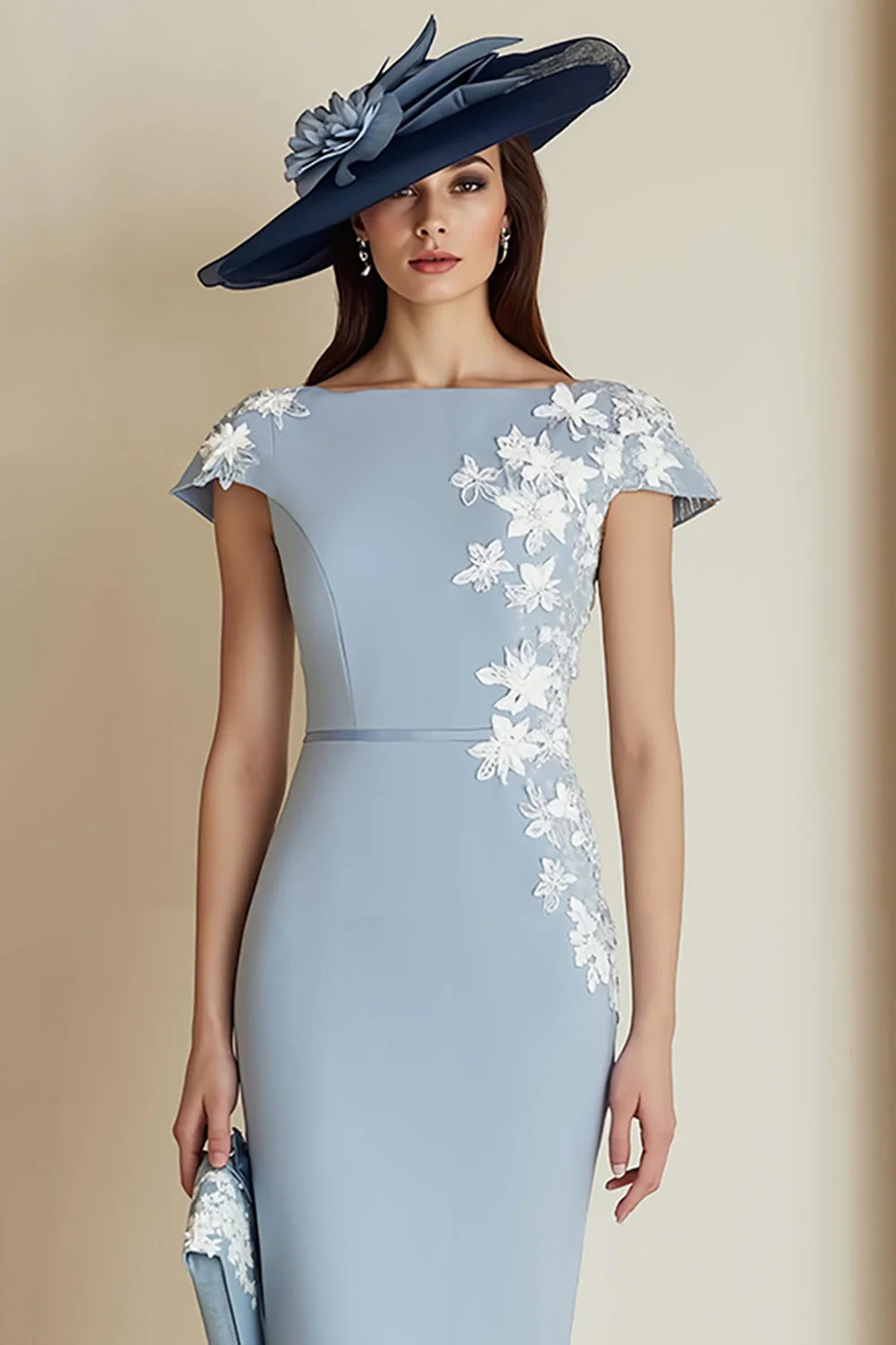 Dusty Blue Appliqued Sheath Midi Mother Of The Bride Dress with Cap Sleeves - Image 3