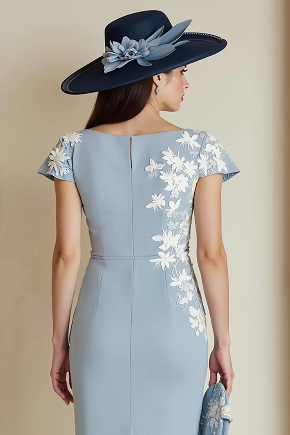 Dusty Blue Appliqued Sheath Midi Mother Of The Bride Dress with Cap Sleeves - Image 4