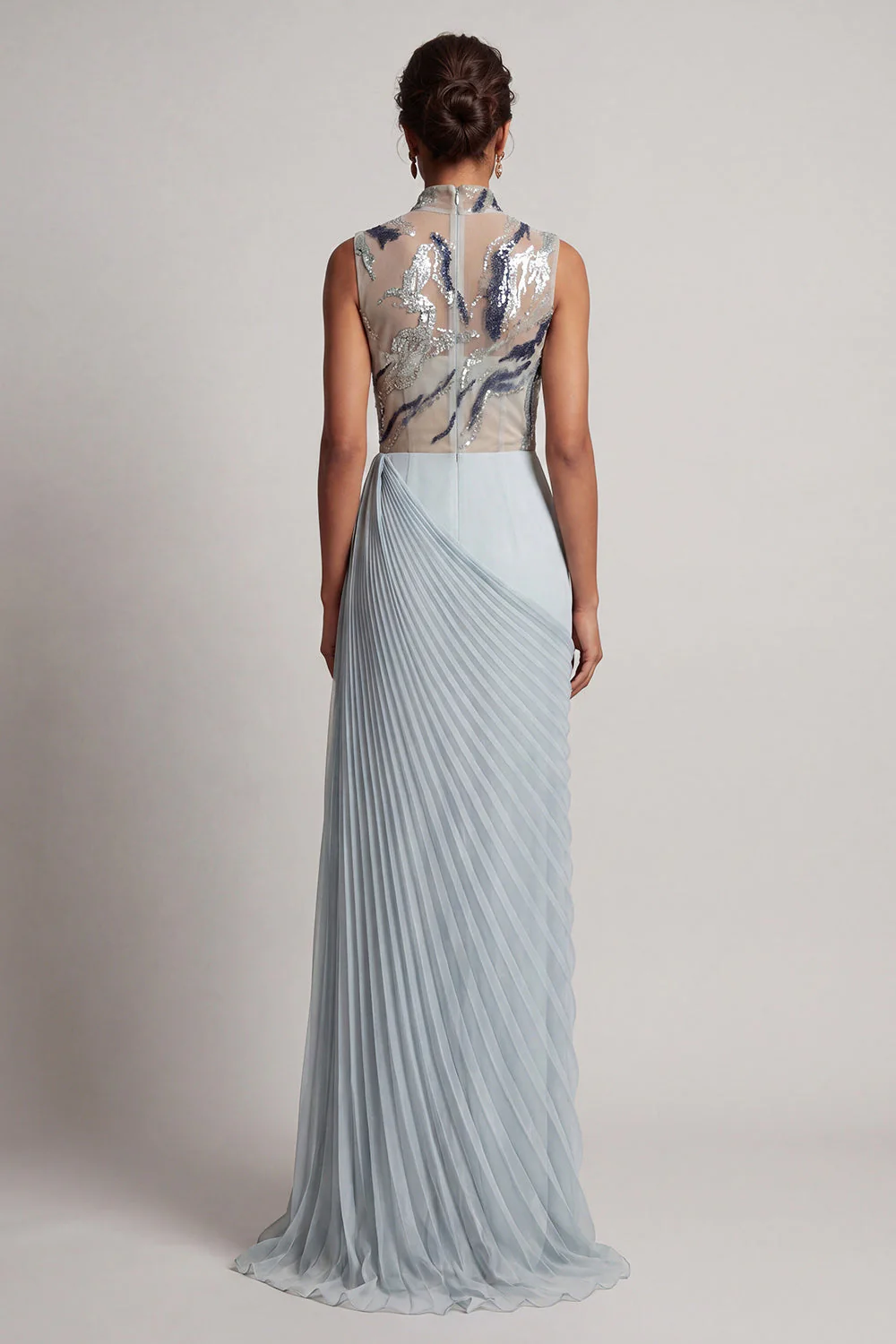 Dusty Blue Pleated Sheath High Neck Long Mother Of the Bride Dress with Slit - Image 2
