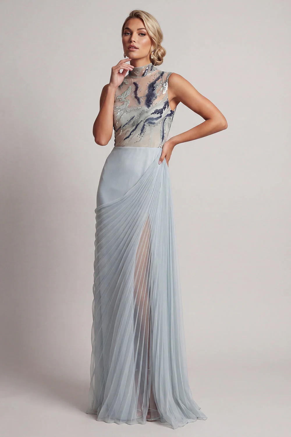 Dusty Blue Pleated Sheath High Neck Long Mother Of the Bride Dress with Slit - Image 3