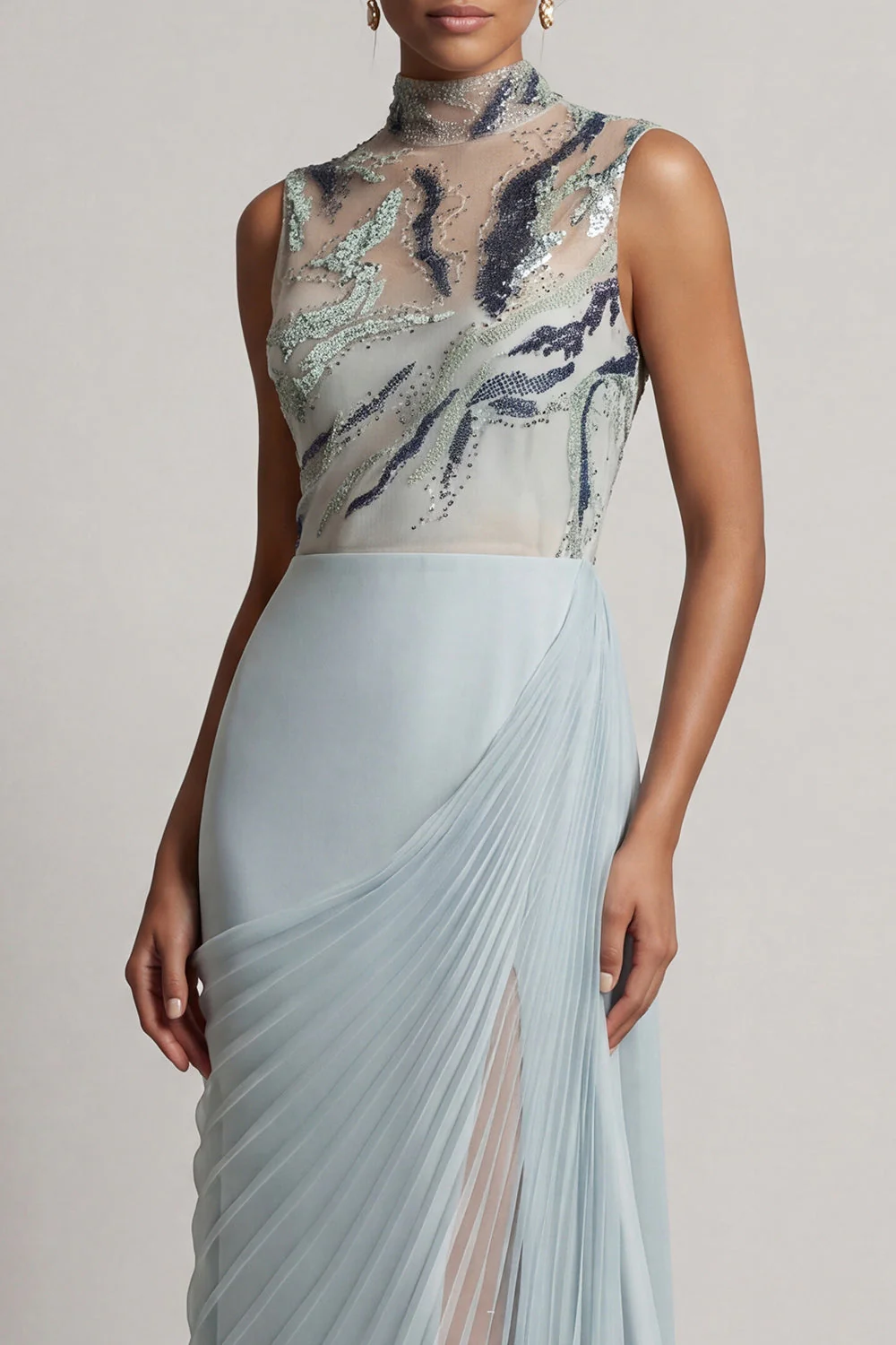 Dusty Blue Pleated Sheath High Neck Long Mother Of the Bride Dress with Slit - Image 4