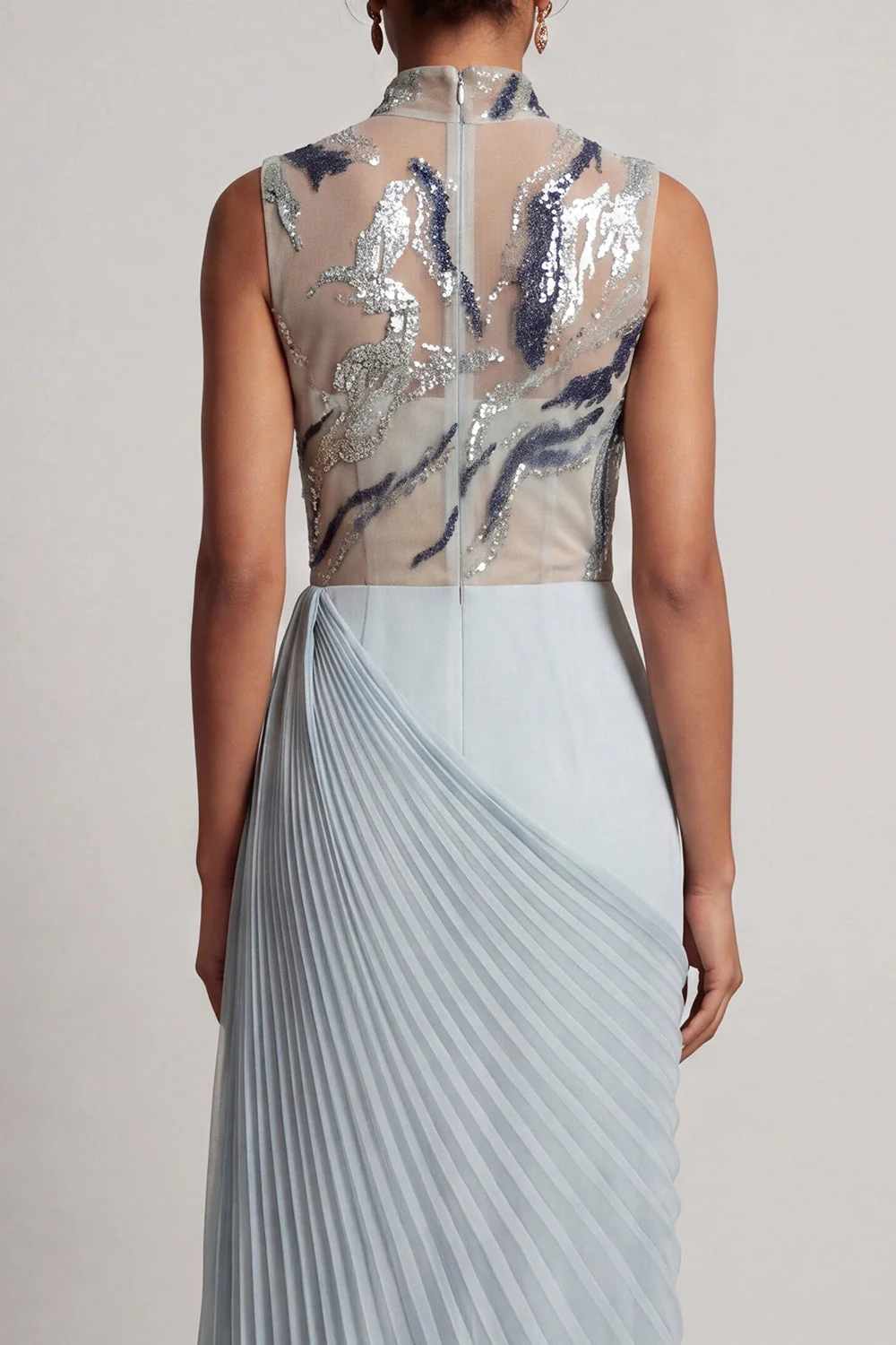 Dusty Blue Pleated Sheath High Neck Long Mother Of the Bride Dress with Slit - Image 5