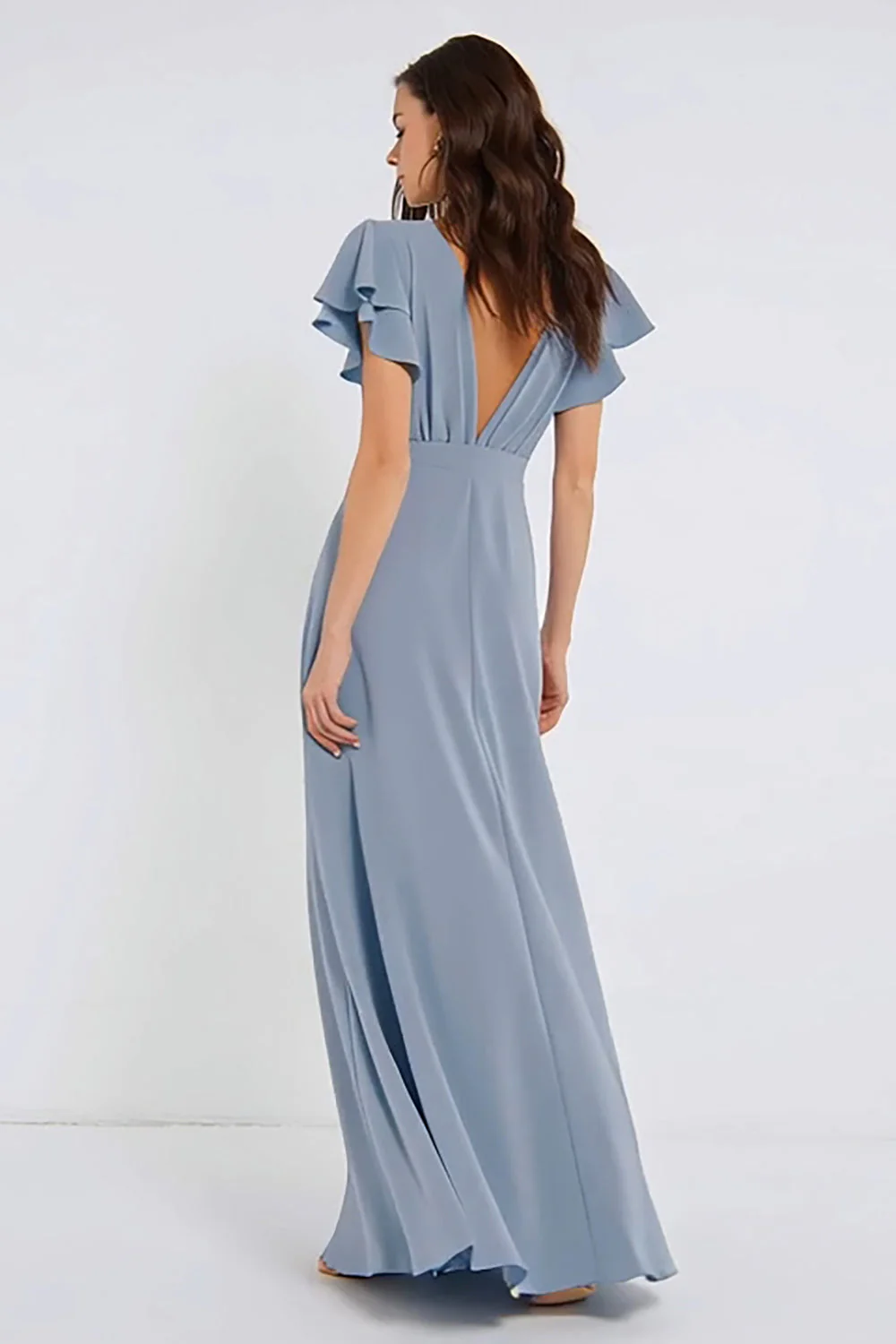 Dusty Blue Chiffon V Neck A Line Long Bridesmaid Dress with Flutter Sleeves - Image 2