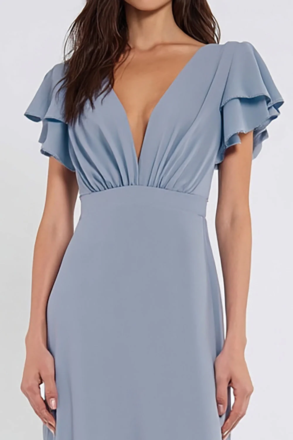Dusty Blue Chiffon V Neck A Line Long Bridesmaid Dress with Flutter Sleeves - Image 3