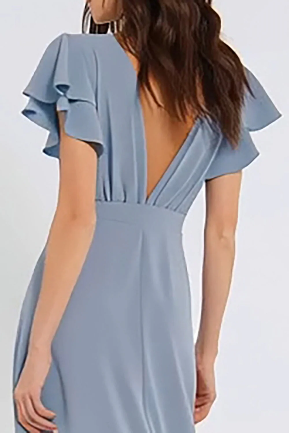 Dusty Blue Chiffon V Neck A Line Long Bridesmaid Dress with Flutter Sleeves - Image 4