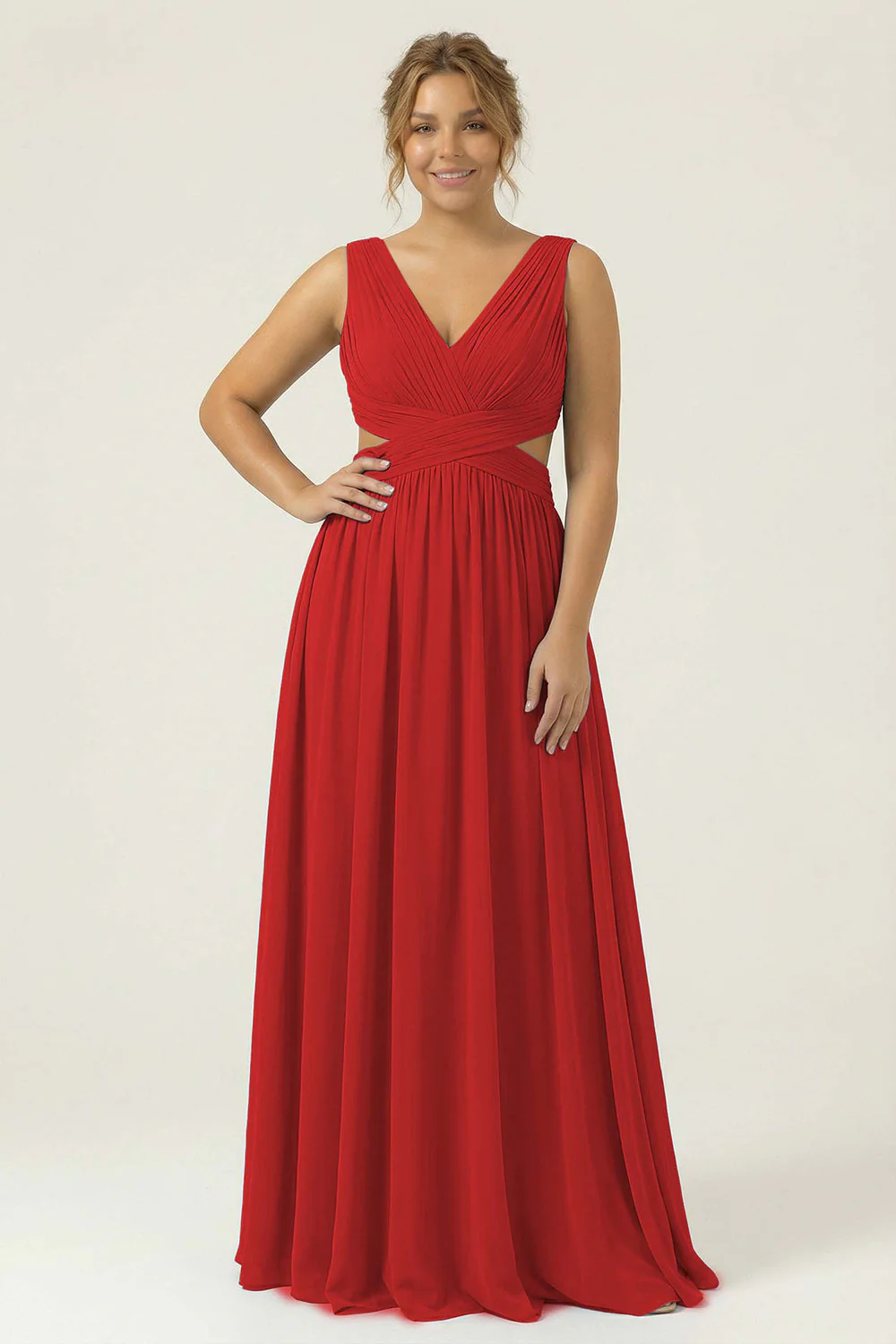 Dusty Blue Chiffon V Neck A Line Long Plus Size Bridesmaid Dress with Lace Up Back - Image 10