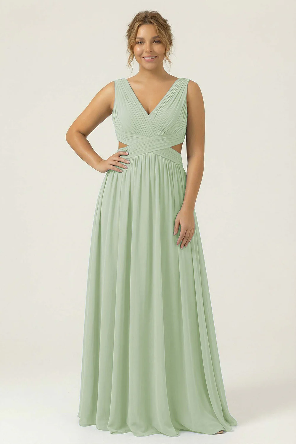 Dusty Blue Chiffon V Neck A Line Long Plus Size Bridesmaid Dress with Lace Up Back - Image 11