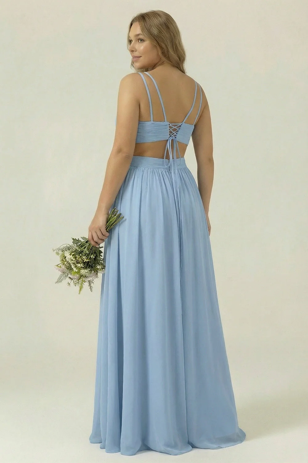 Dusty Blue Chiffon V Neck A Line Long Plus Size Bridesmaid Dress with Lace Up Back - Image 2