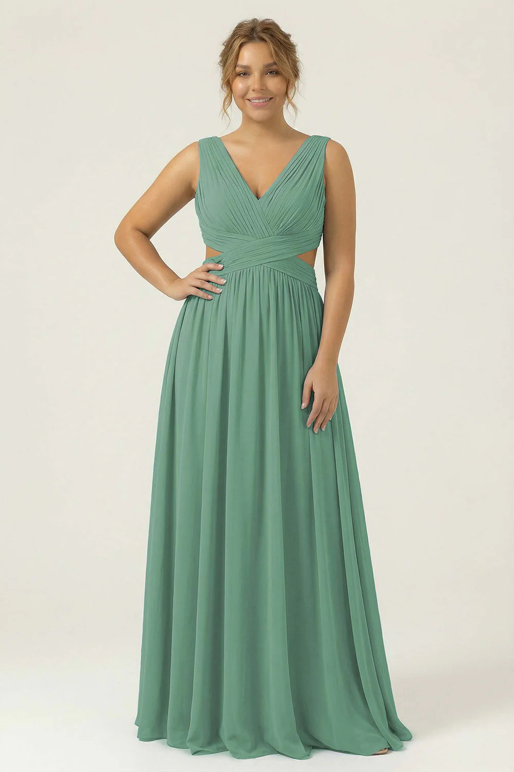 Dusty Blue Chiffon V Neck A Line Long Plus Size Bridesmaid Dress with Lace Up Back - Image 5