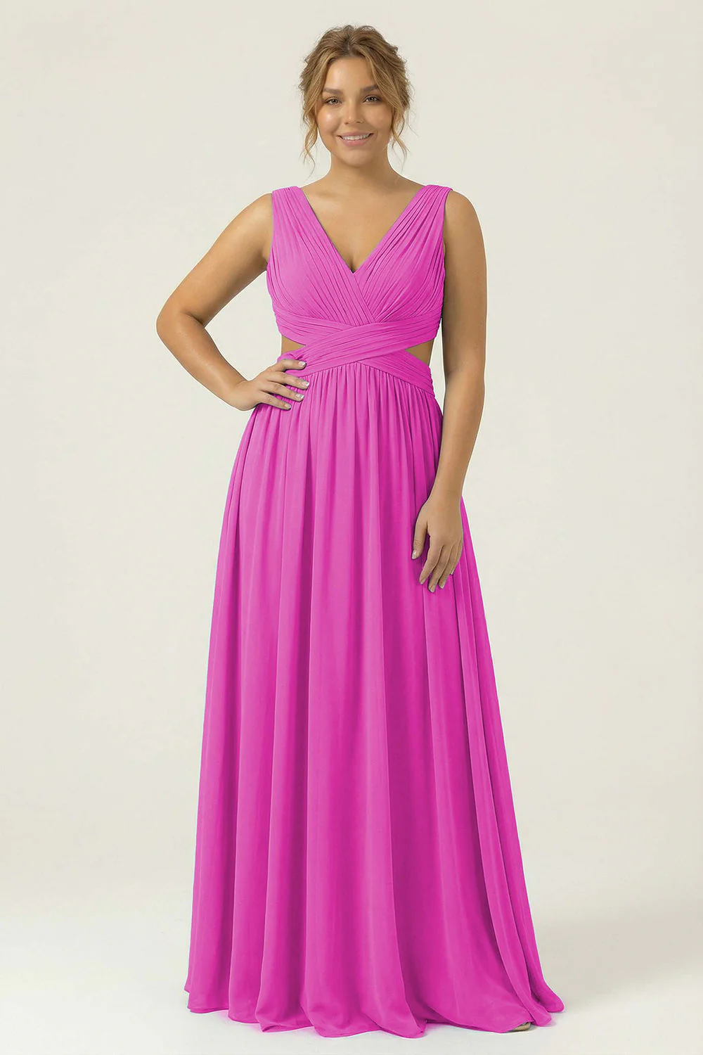 Dusty Blue Chiffon V Neck A Line Long Plus Size Bridesmaid Dress with Lace Up Back - Image 6
