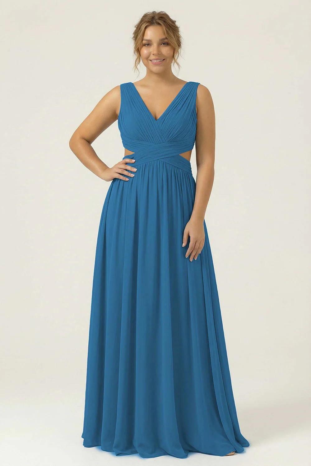 Dusty Blue Chiffon V Neck A Line Long Plus Size Bridesmaid Dress with Lace Up Back - Image 7