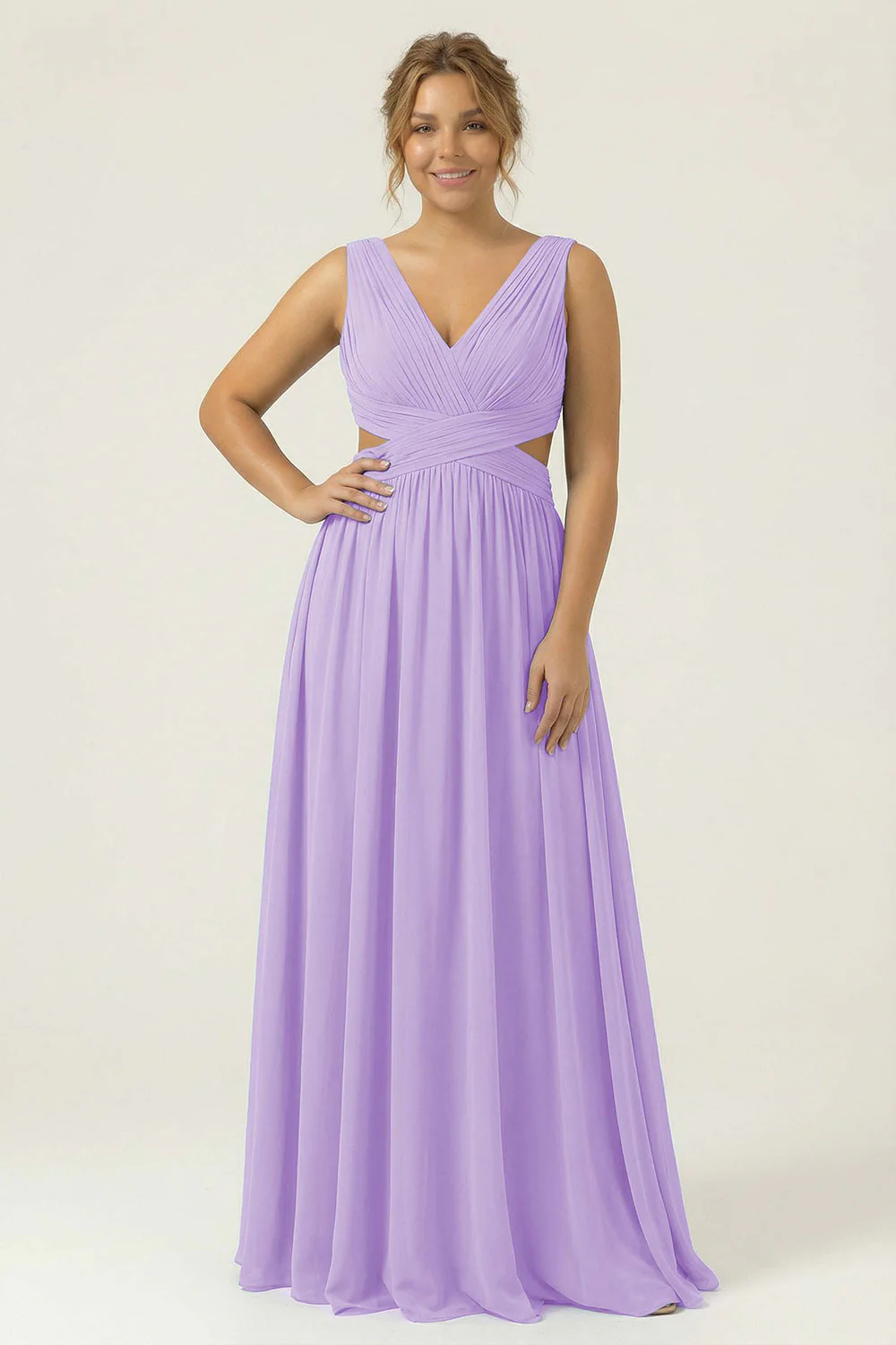 Dusty Blue Chiffon V Neck A Line Long Plus Size Bridesmaid Dress with Lace Up Back - Image 8