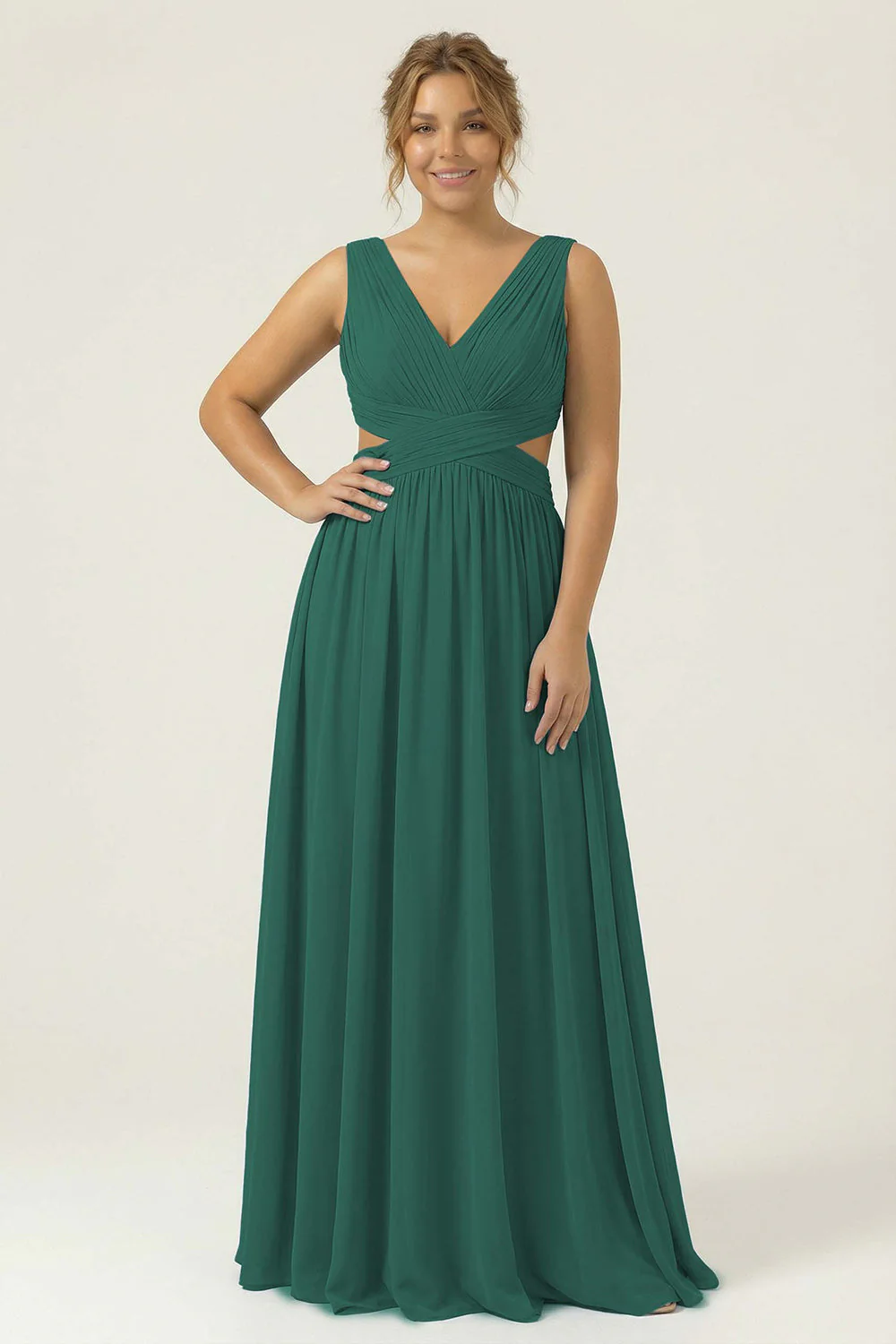 Dusty Blue Chiffon V Neck A Line Long Plus Size Bridesmaid Dress with Lace Up Back - Image 9