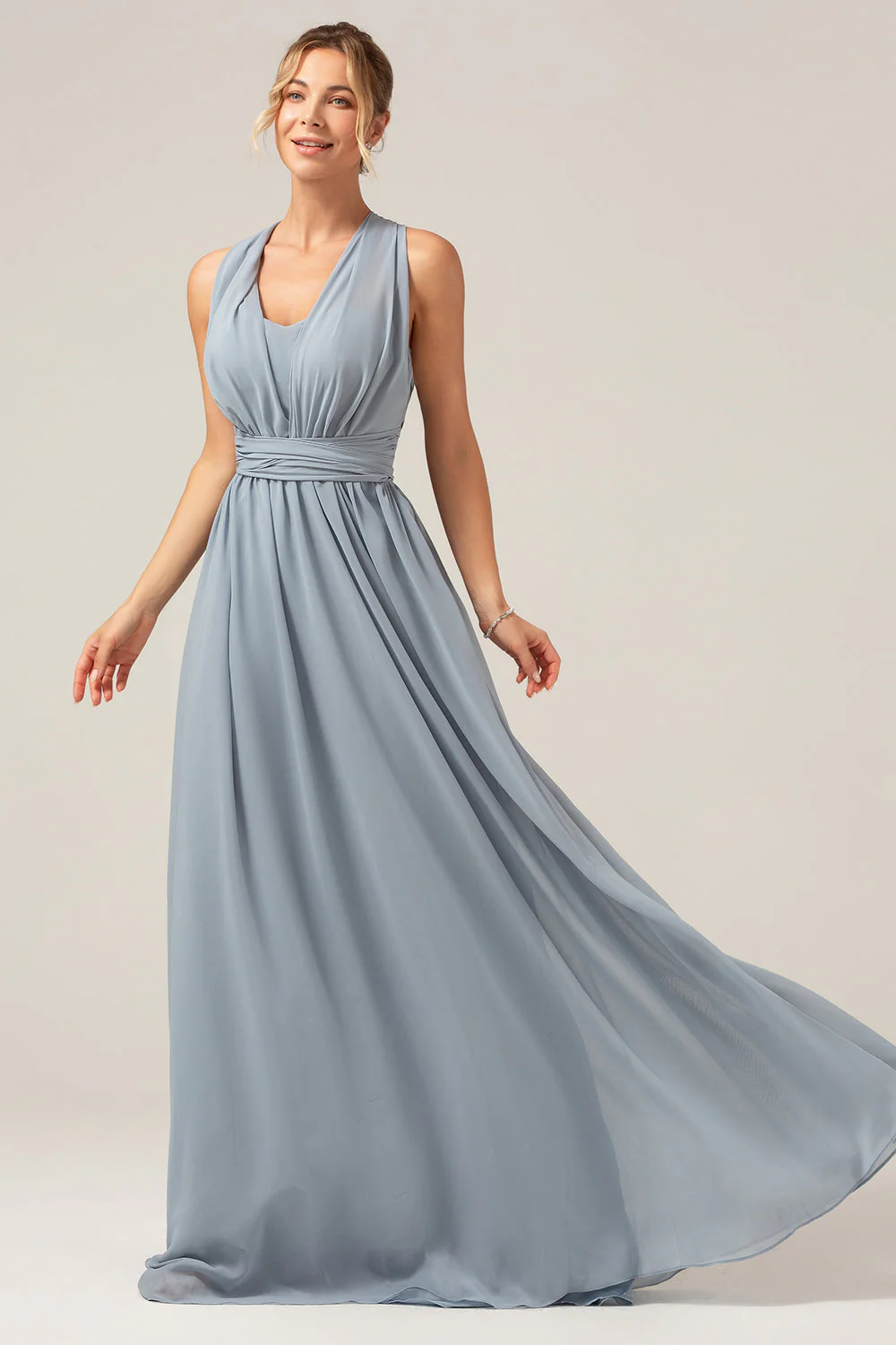 Dusty Blue Convertible Boho Chiffon Long Bridesmaid Dress - Image 3